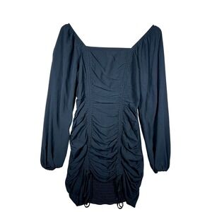Womens Black Long Sleeve Ruched‎ Mini Dress Square Neck bodycon S Whimsigoth